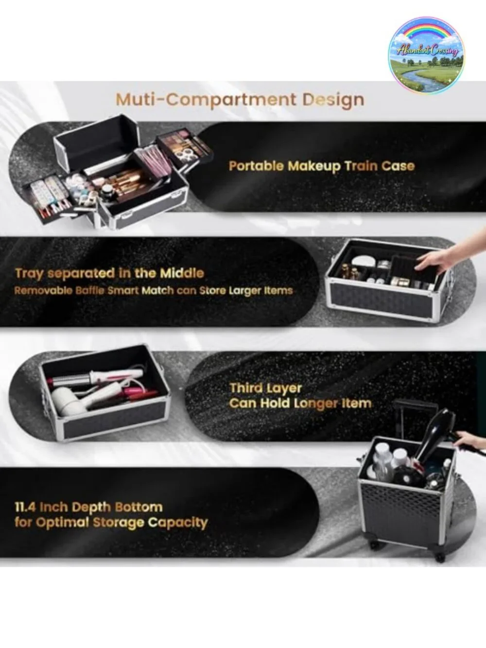 Rolling Makeup Train Case with Key Lock, 4-in-1 Cosmetic Organizer on Wheels
